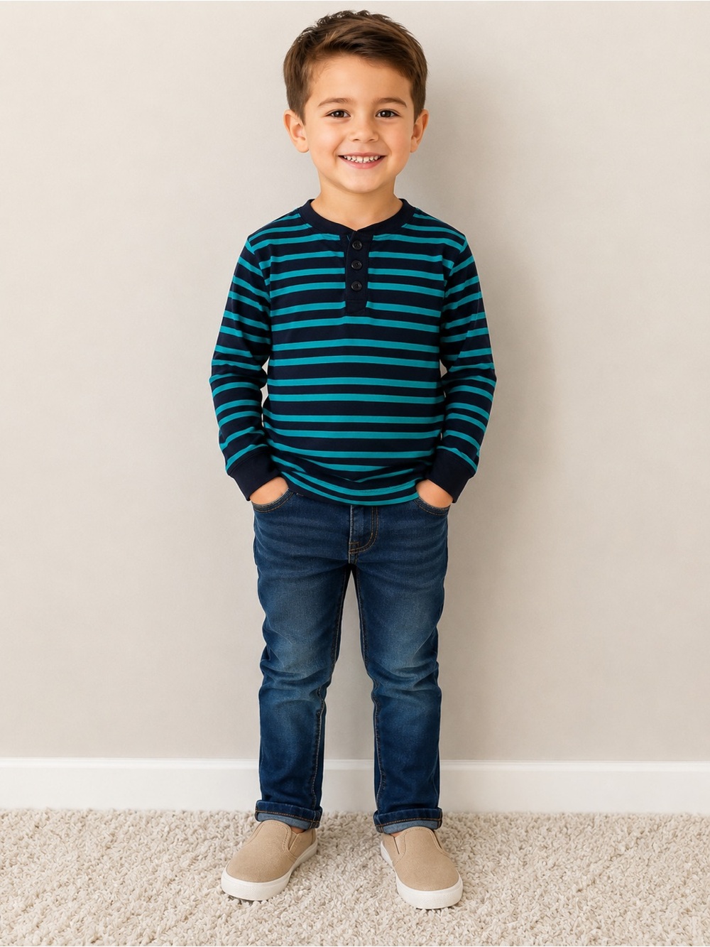 Crazy 8 Navy and Teal Striped Henley Long Sleeve Tee